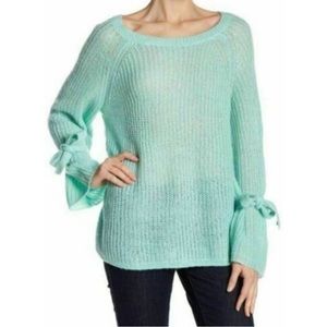 Project Naadam Sweater Pullover‎ Bell Sleeve Tie Mint Green Open Knit Acrylic M3